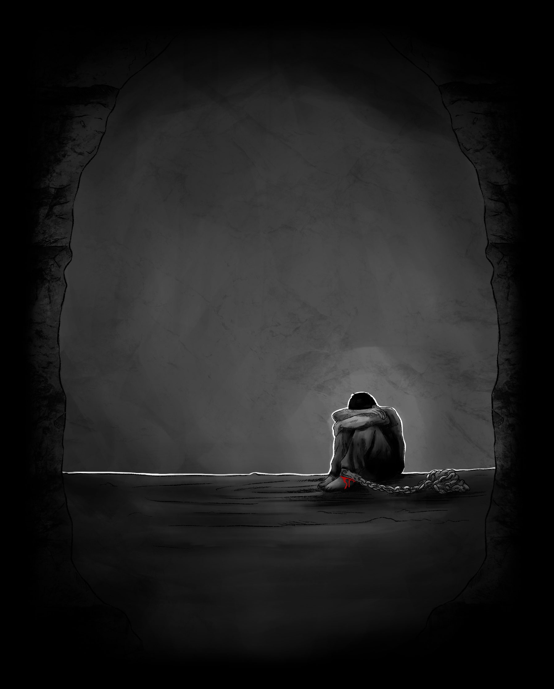 Imagen de una persona en cadenas dentro de una cueva